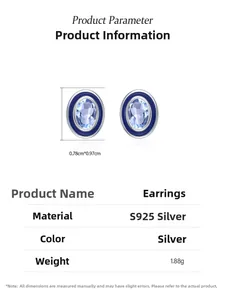 Detail view of oval blue zircon earrings in S925 silver with 0.78cm by 0.97cm dimensions