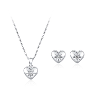 Elegant 925 silver jewelry set with starburst heart pendant necklace and stud earrings