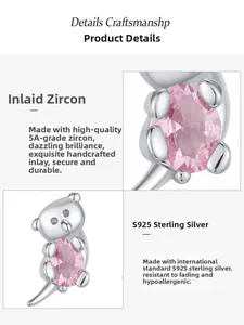 Macro shot of 925 silver koala stud earrings with pink oval 5A cubic zirconia stones