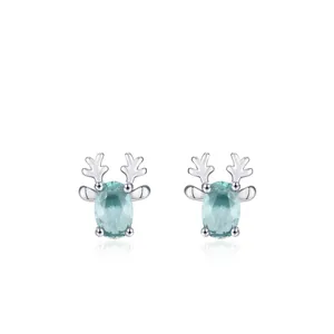 Boucles d'Oreilles Clous en Argent Sterling 925 Bois de Renne Strass Bleu Paraïba Bijoux de Noël pour Femme Minimaliste Doux Animal