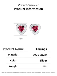 Dimensions détaillées des boucles d'oreilles cœur en argent S925 avec pierres rouges de 0,90cm