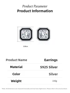 Detail view of S925 silver square zircon earring showing dimensions of 0.90cm and 2.42g weight