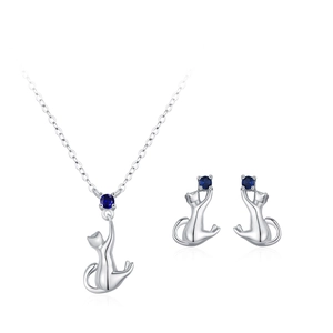 Parure de bijoux chat en argent 925 avec pendentif et boucles d'oreilles saphir bleu