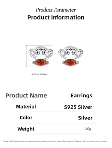 Detail view of S925 silver monkey stud earrings with orange-red marquise gemstone and dimensions