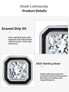 Detailed view of S925 sterling silver square earrings with black enamel and zircon