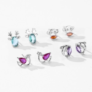 925 silver stud earrings set featuring colorful animal shapes like deer and monkeys