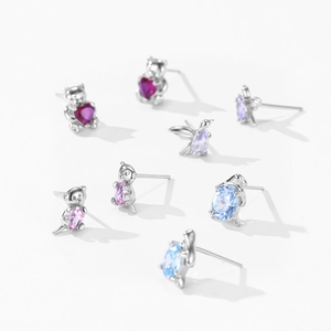 925 sterling silver animal stud earring set featuring colorful heart-shaped zircons