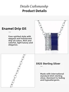 Macro detail of S925 sterling silver necklace with blue enamel and cubic zirconia stones