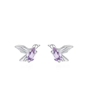 Luxury 925 Sterling Silver Hummingbird Stud Earrings Purple Zirconia Inlaid Vintage Bird Animal Ear Jewelry For Women Gift