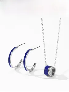 Detail view of S925 silver necklace and C-shape earrings with blue enamel and micro zircons