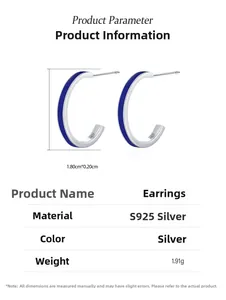 Detailed view of S925 silver C-shape earrings with blue enamel and dimensions