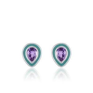 Boucles d'Oreilles Clous en Argent Sterling 925 de Luxe Avec Zircon Violet Forme Goutte d'Eau Émail Vert Bijoux pour Femmes