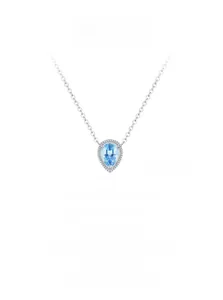 Detail view of S925 silver teardrop necklace with blue gemstone and milgrain edges