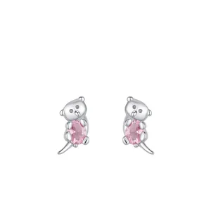 925 Sterling Silver Cute Pink Zirconia Koala Stud Earrings For Women Small Animal Shape Creative Ear Jewelry Gift