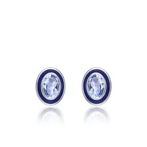 925 Sterling Silver French Light Luxury Oval Sea Blue Zircon Stud Earrings Blue Enamel Geometric Fashion Women Jewelry