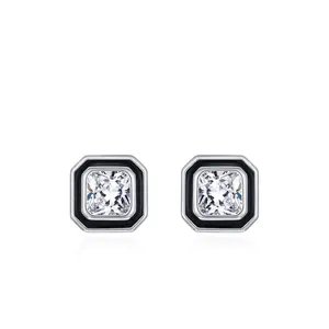 Vintage 925 Sterling Silver Square Zirconia Stud Earrings For Women Hepburn Style Black Enamel Geometric Fine Jewelry