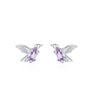 Elegant 925 silver hummingbird stud earrings featuring teardrop purple crystal stones