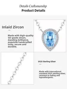 Macro view of teardrop light blue zircon pendant and S925 sterling silver chain