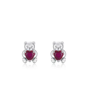 Boucles d'Oreilles Clous Ours en Argent Sterling 925 Tenant un Cœur Rouge pour Femmes Bijoux Animaux en Zirconia Cadeau