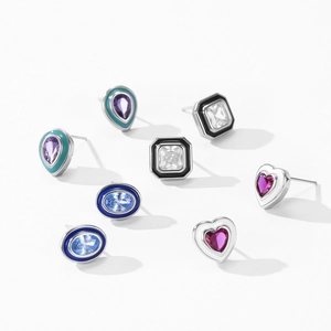 S925 sterling silver geometric stud earrings with colorful zircon and enamel inlay
