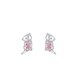 925 Sterling silver koala stud earrings with pink oval stones on white background