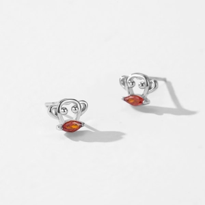 Cute S925 sterling silver monkey stud earrings with hollow design and orange zircon eyes