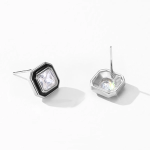Elegant S925 sterling silver square zircon stud earrings with black octagonal frames