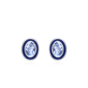 S925 sterling silver oval earrings with light blue zircon and dark blue enamel details