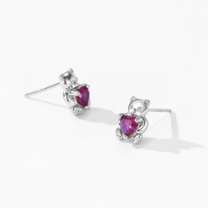 Boucles d'oreilles ours en argent 925 avec zircon en forme de cœur rose