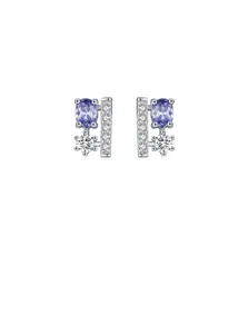Detail of S925 sterling silver studs with oval purple stones and geometric pavé diamonds