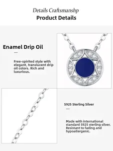 Macro detail of S925 sterling silver necklace with blue enamel star and zircon stones