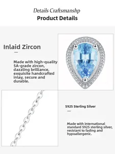 Detailed macro view of S925 sterling silver water drop pendant with blue 5A zircon stone