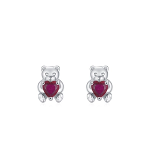 Boucles d'oreilles ours en argent S925 tenant des pierres de cœur rouges facettées