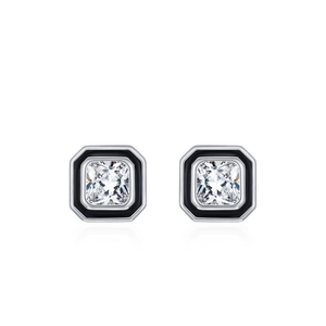 S925 sterling silver square zircon stud earrings with black enamel border and clear gem