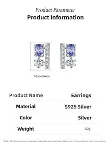 Detail specifications of S925 silver flower earrings with purple oval gemstone and dimensions