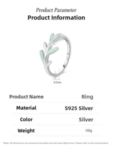 Macro detail of S925 silver ring featuring green enamel leaves and size parameters