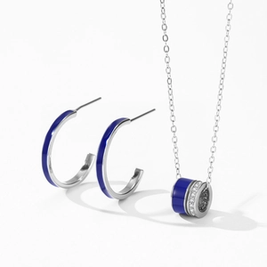925 silver royal blue enamel earring and necklace set with sparkling zircon accents