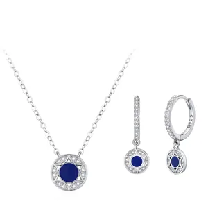 925 Sterling Silver Lucky Star Magic Circle Zirconia Necklace And Earrings Jewelry Vintage Blue Enamel Inlaid Women Accessories