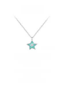 Detail of a 925 silver star pendant with light blue enamel and a sparkling zircon stone