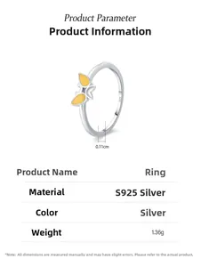 Détail de la bague en argent S925 avec émail papillon jaune montrant épaisseur et poids