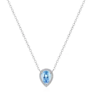 S925 Sterling Silver Ocean Tear Drop Pendant Necklace For Women Blue Zirconia Inlaid Waterdrop Link Chain Necklaces