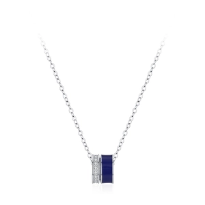 Elegant S925 silver cylinder necklace with blue enamel and zircon paving on O-chain