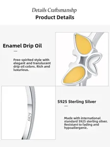Vue détaillée de la bague papillon en argent S925 avec émail jaune et poinçon