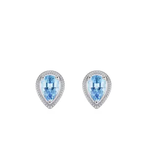925 Sterling Zilver Waterdruppel Blauwe Zirconia Oorknopjes Elegante Lichtblauwe Zeemeermin Tranen Halo Oorbellen Sieraden