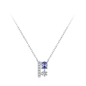 Collier en argent 925 avec pierre bleue ovale et pendentif géométrique serti de diamants
