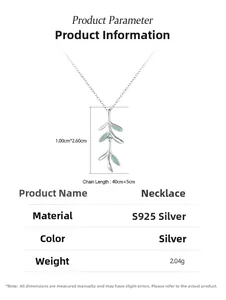 Detail of 925 sterling silver leaf necklace with green enamel and size parameters