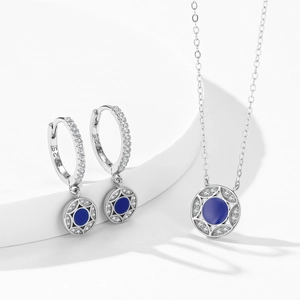 925 silver star magic pendant earrings and necklace set with deep blue enamel accents