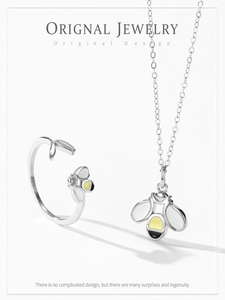 Détails de l'ensemble bijoux abeille en argent 925 avec collier émaillé et bague ouverte