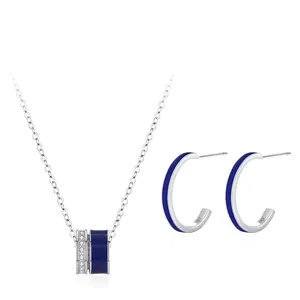 Ensemble de Bijoux en Argent Sterling 925 pour Femme Émail Bleu Cylindrique Zirconia Pavé Collier Et Boucles d'Oreilles