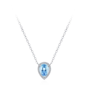 925 silver necklace with teardrop blue gemstone pendant on white background